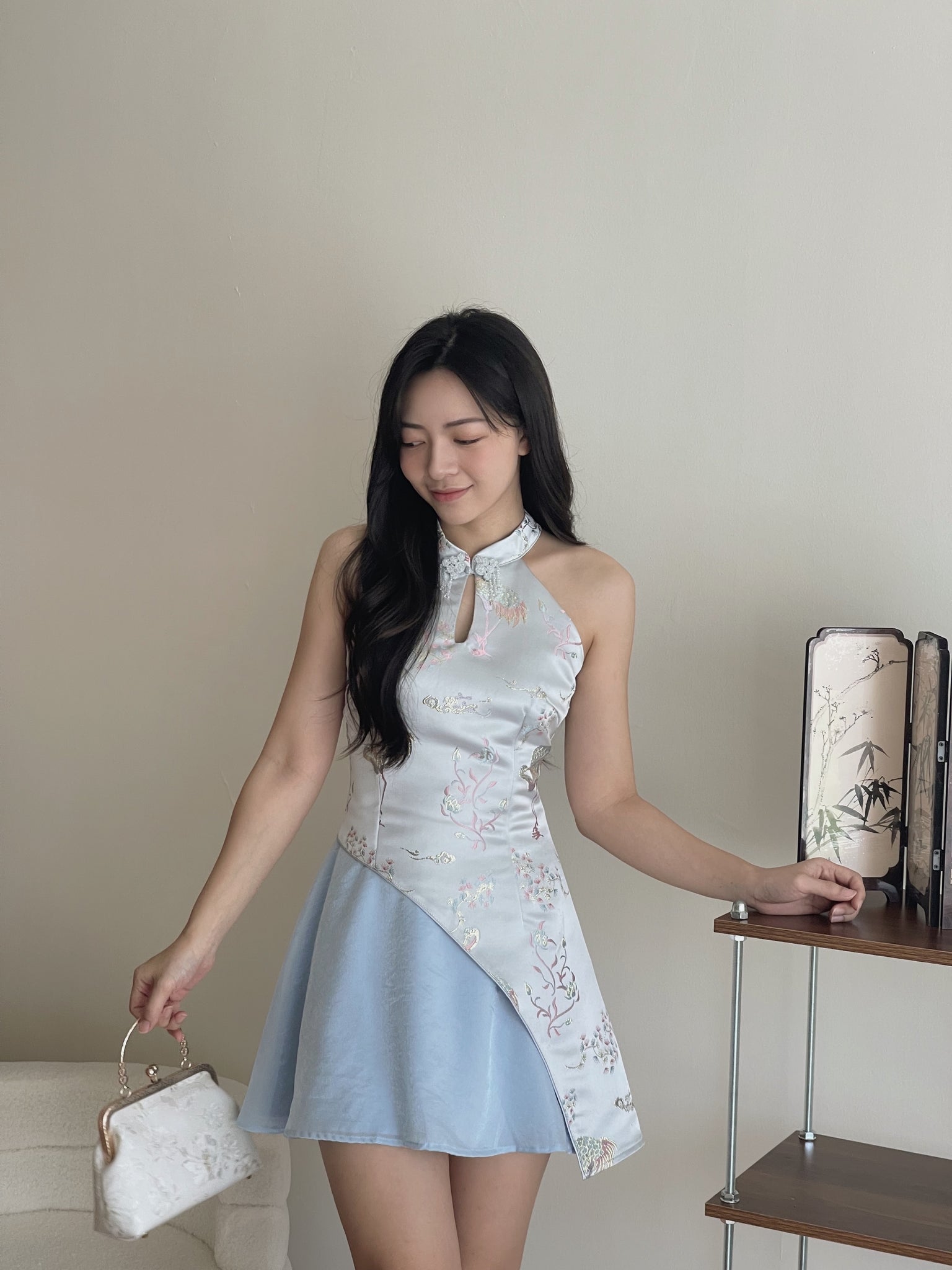 Dreamy Blossom Cheongsam Dress / 绮梦花锦挂脖拼接旗袍裙