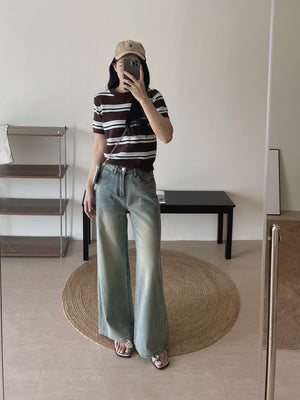 Korean Knit Round Tee / 横条撞色圆领毛衣T恤