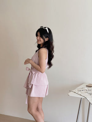 Peplum Sweet Top Set / V领收腰阔腿短裤套装