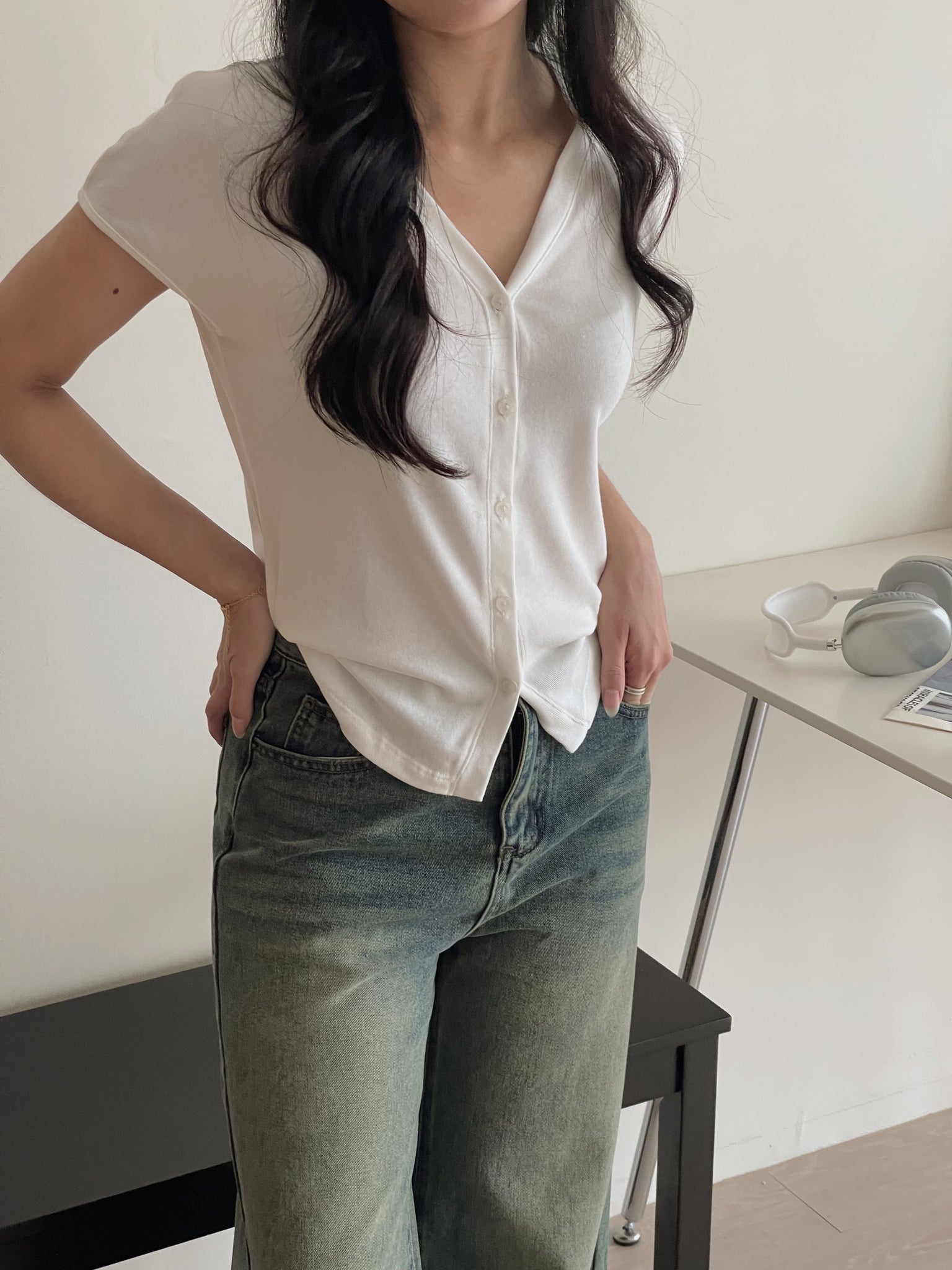 Button Knit Half Sleeve Tee / 排扣针织半袖T恤
