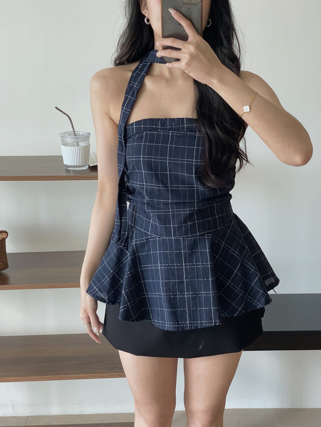 Plaid Halter Strap Tube Top / 格子围脖带上衣抹胸上衣