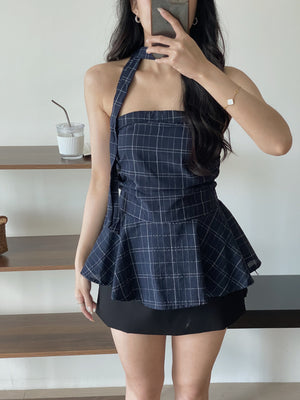 Plaid Halter Strap Tube Top / 格子围脖带上衣抹胸上衣
