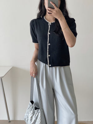 Flower Edge Knit Top / 圆领花边条针织开衬