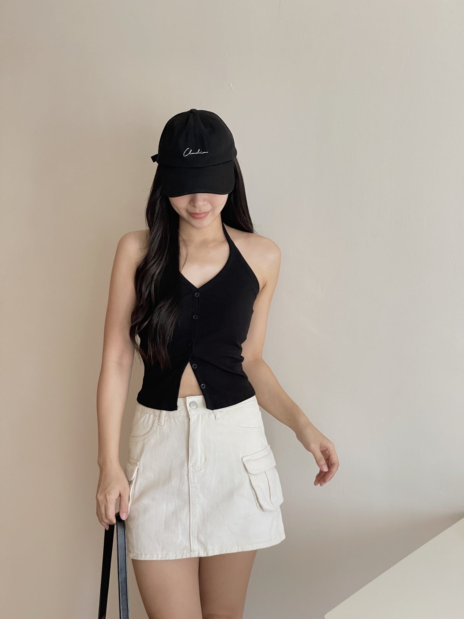 Button Halterneck Padded Top / 纯欲挂脖胸垫背心
