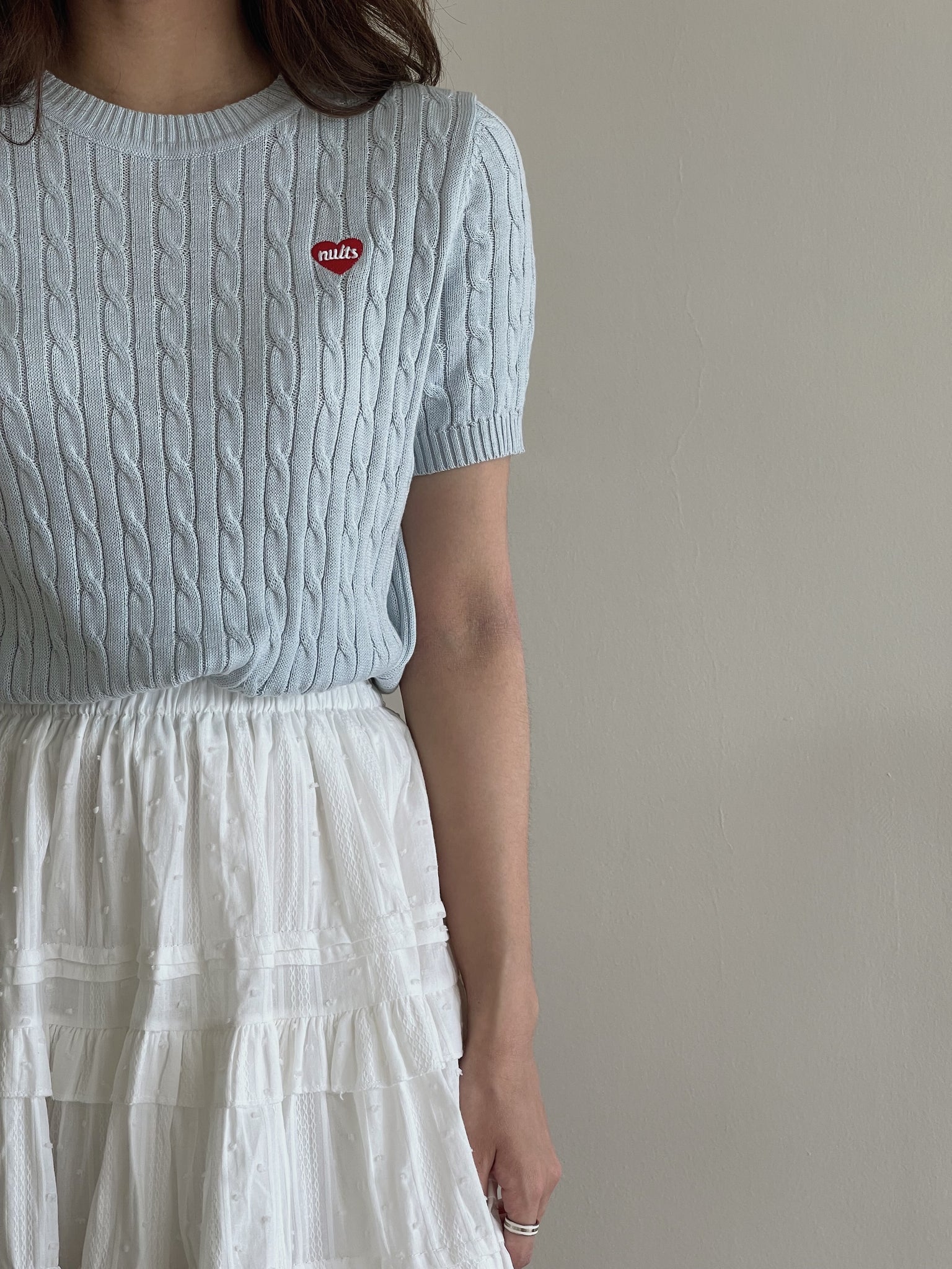 Lovey Cable Knit Tshirt / 爱心刺绣麻花T恤
