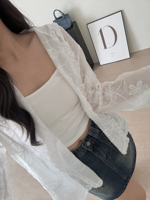 Eyelet Hooded Outer / 蕾丝刺绣连帽外套