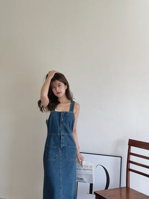 Button Up Dungaree Dress / 排扣牛仔背带长裙