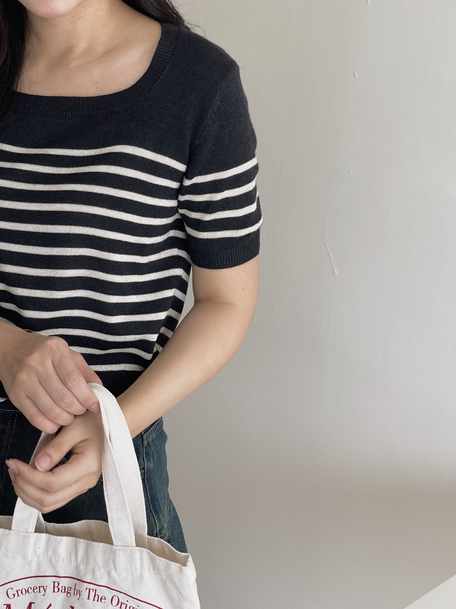 Korean Stripes Knit Top / 条纹针织方领T恤