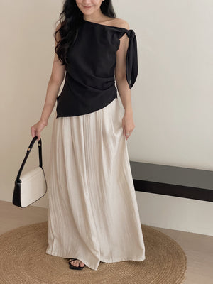 Wide Shoulder Ribbon Top / 宽领单肩系带不规则小衫