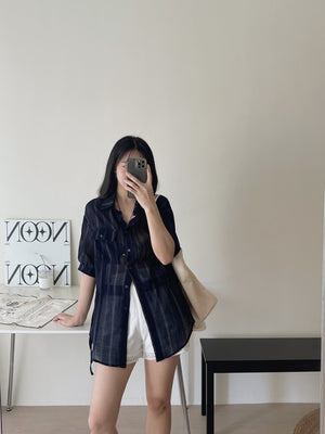 Navy Casual Striped Shirt / 慵懒宽松线条抽绳衬衫