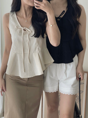 Vneck Front Tie Top / 茶歇V领宽摆上衣