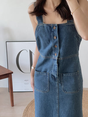 Button Up Dungaree Dress / 排扣牛仔背带长裙
