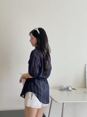 Navy Casual Striped Shirt / 慵懒宽松线条抽绳衬衫