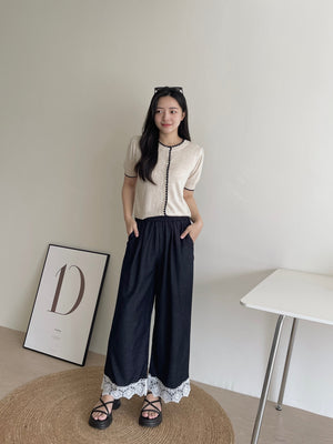 Hem Spliced Lace Pants / 蕾丝拼接花边阔腿裤