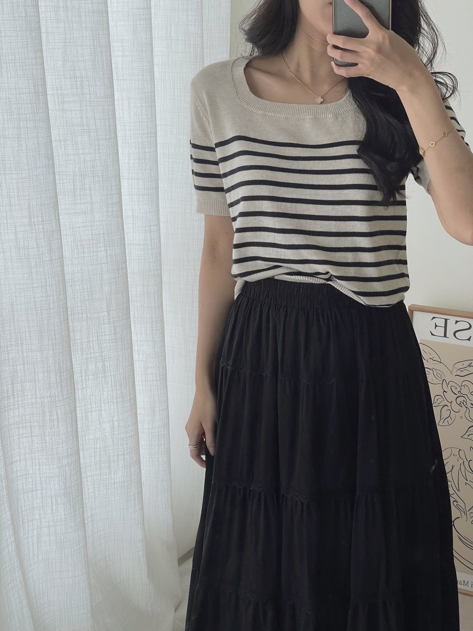 Korean Stripes Knit Top / 条纹针织方领T恤