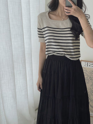 Korean Stripes Knit Top / 条纹针织方领T恤