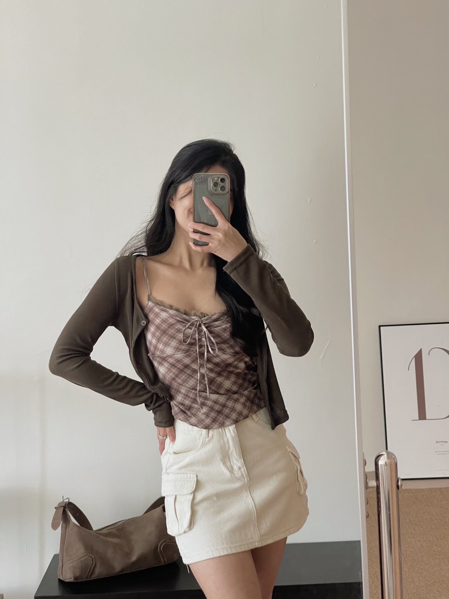 Vintage Checkered Top Set / 复古格子吊带开衫上衣