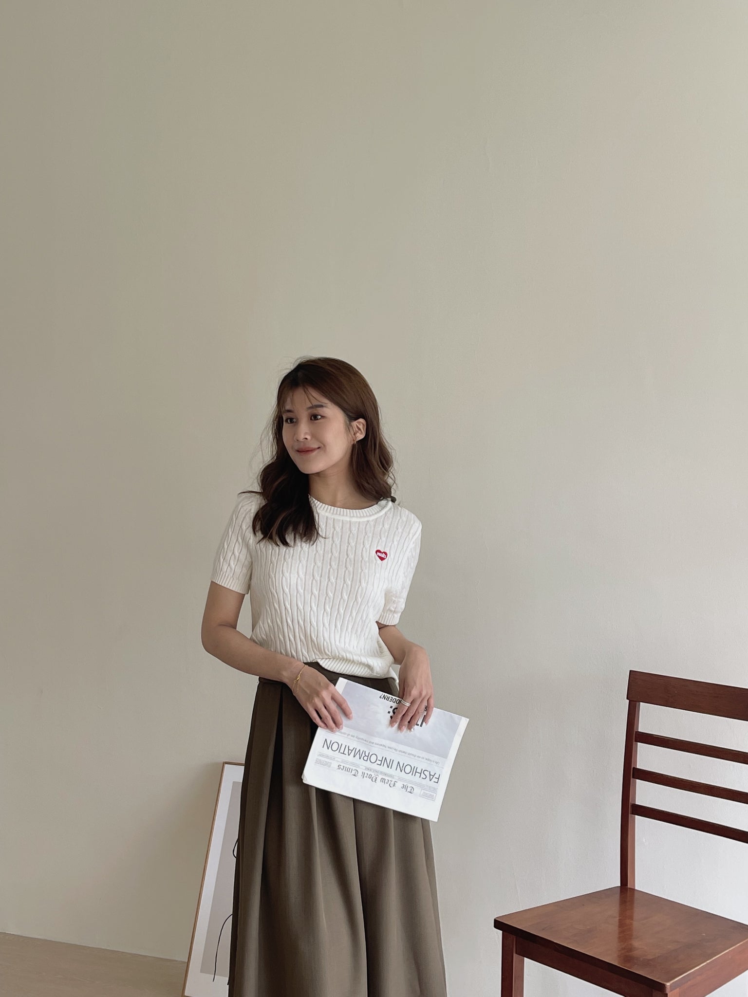 Lovey Cable Knit Tshirt / 爱心刺绣麻花T恤