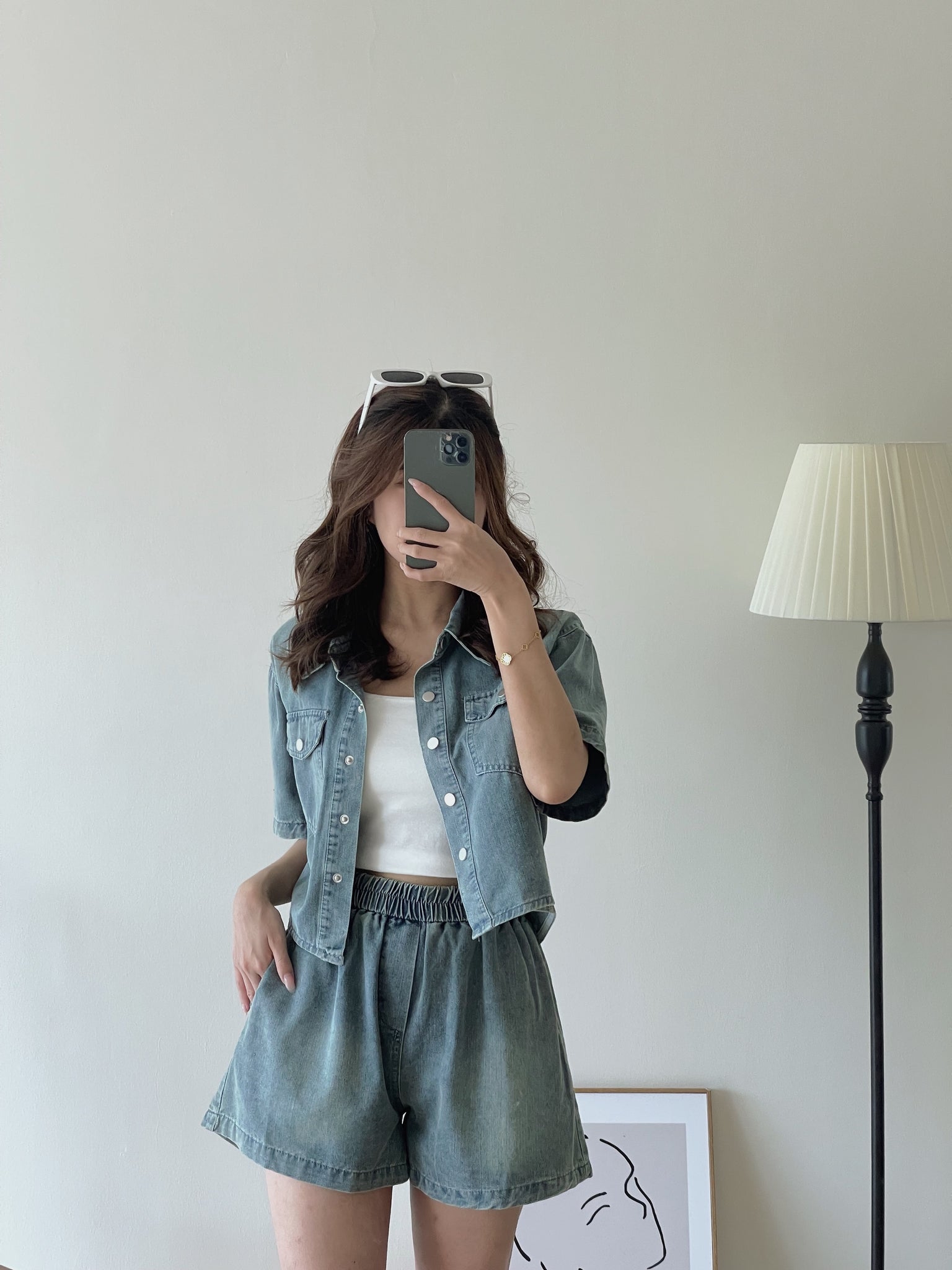 Denim Short Set / 排扣双口袋牛仔两件套