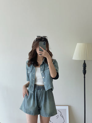 Denim Short Set / 排扣双口袋牛仔两件套