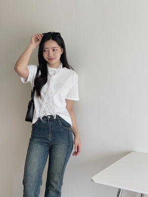 Lace Tie Plain Tee / 蕾丝带简约T恤