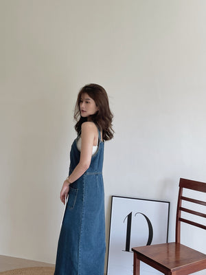 Button Up Dungaree Dress / 排扣牛仔背带长裙