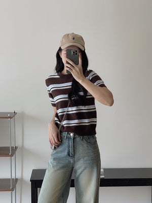 Korean Knit Round Tee / 横条撞色圆领毛衣T恤