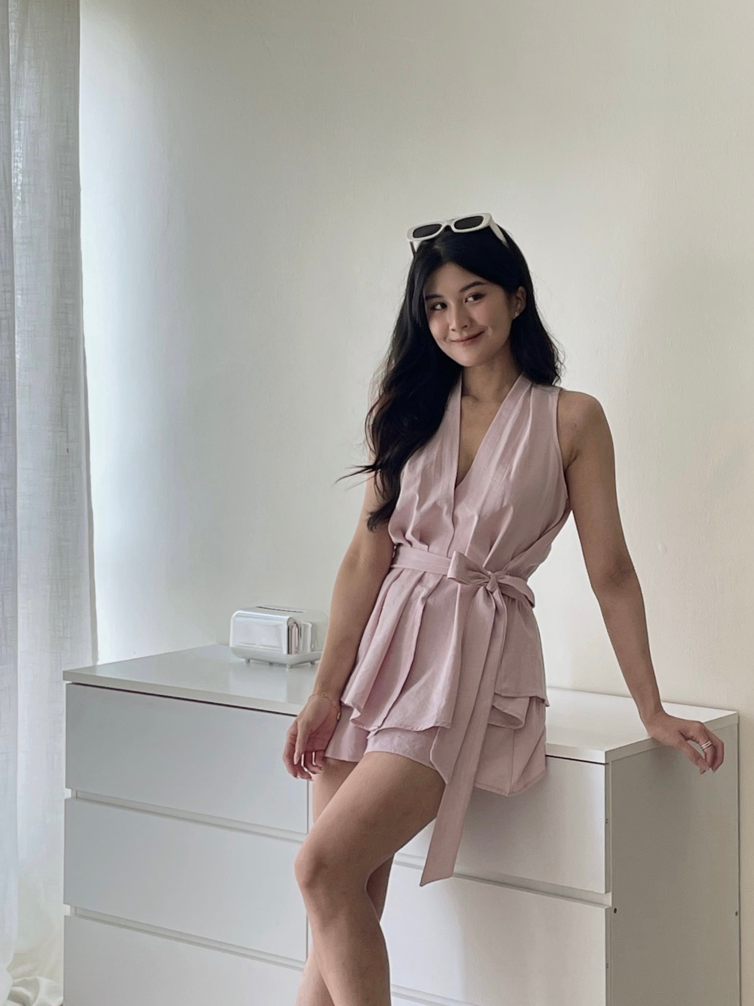 Peplum Sweet Top Set / V领收腰阔腿短裤套装