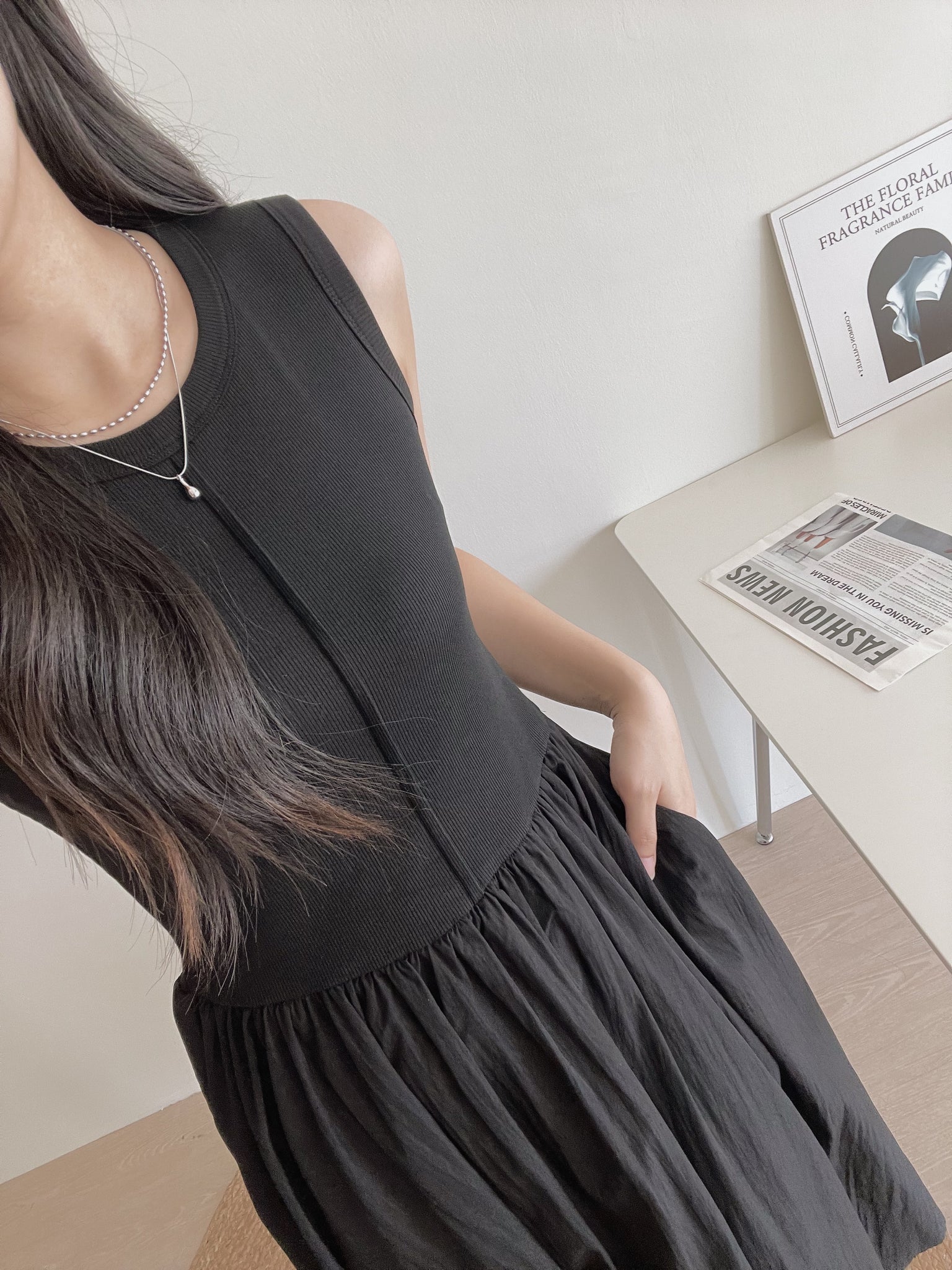Cassia Ribbed Spliced Dress / 背心拼接连身长裙