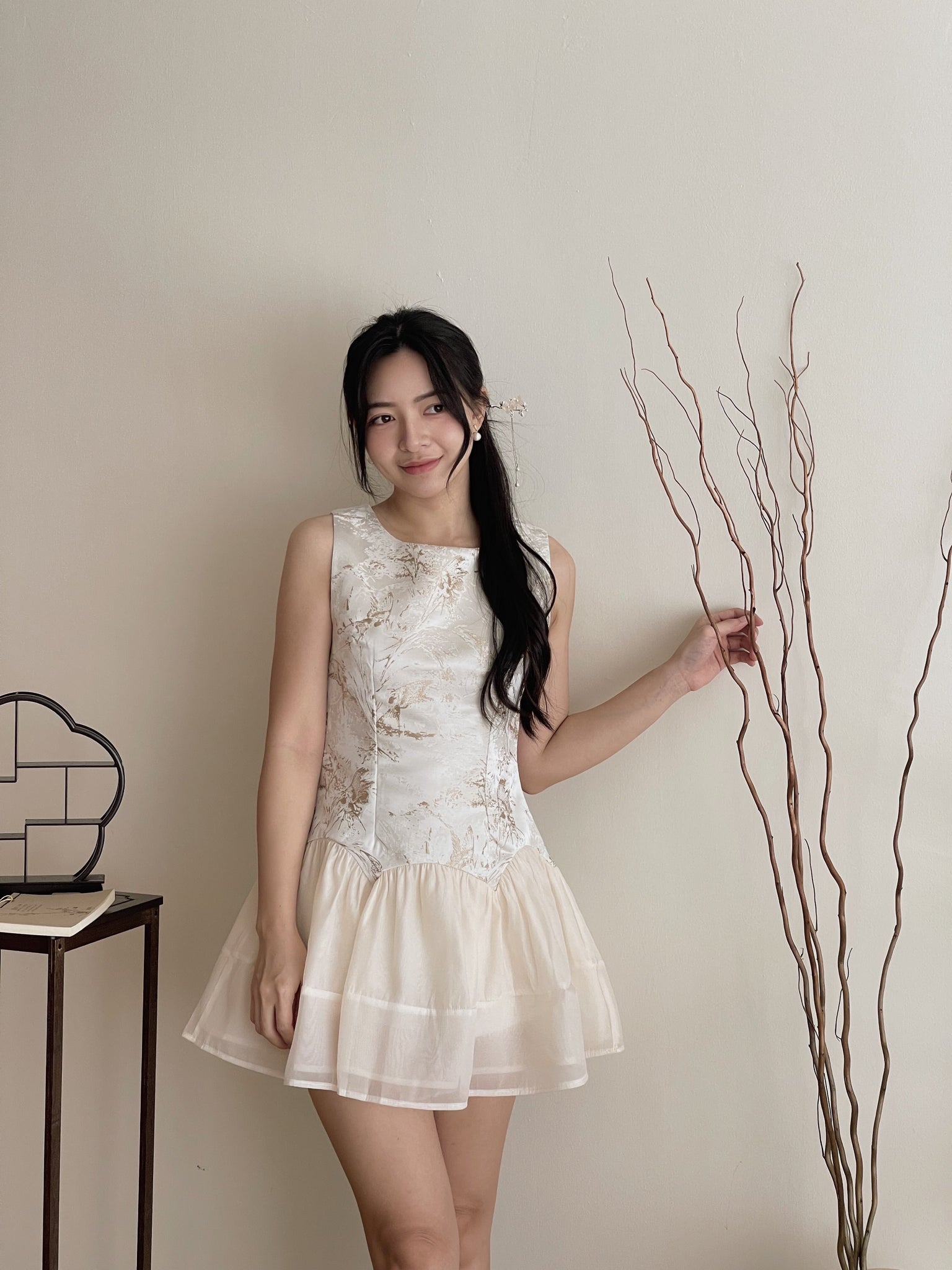 Gilded Mist Jumpsuit Dress / 烟罗织梦-金雾提花薄纱摆连体裤裙