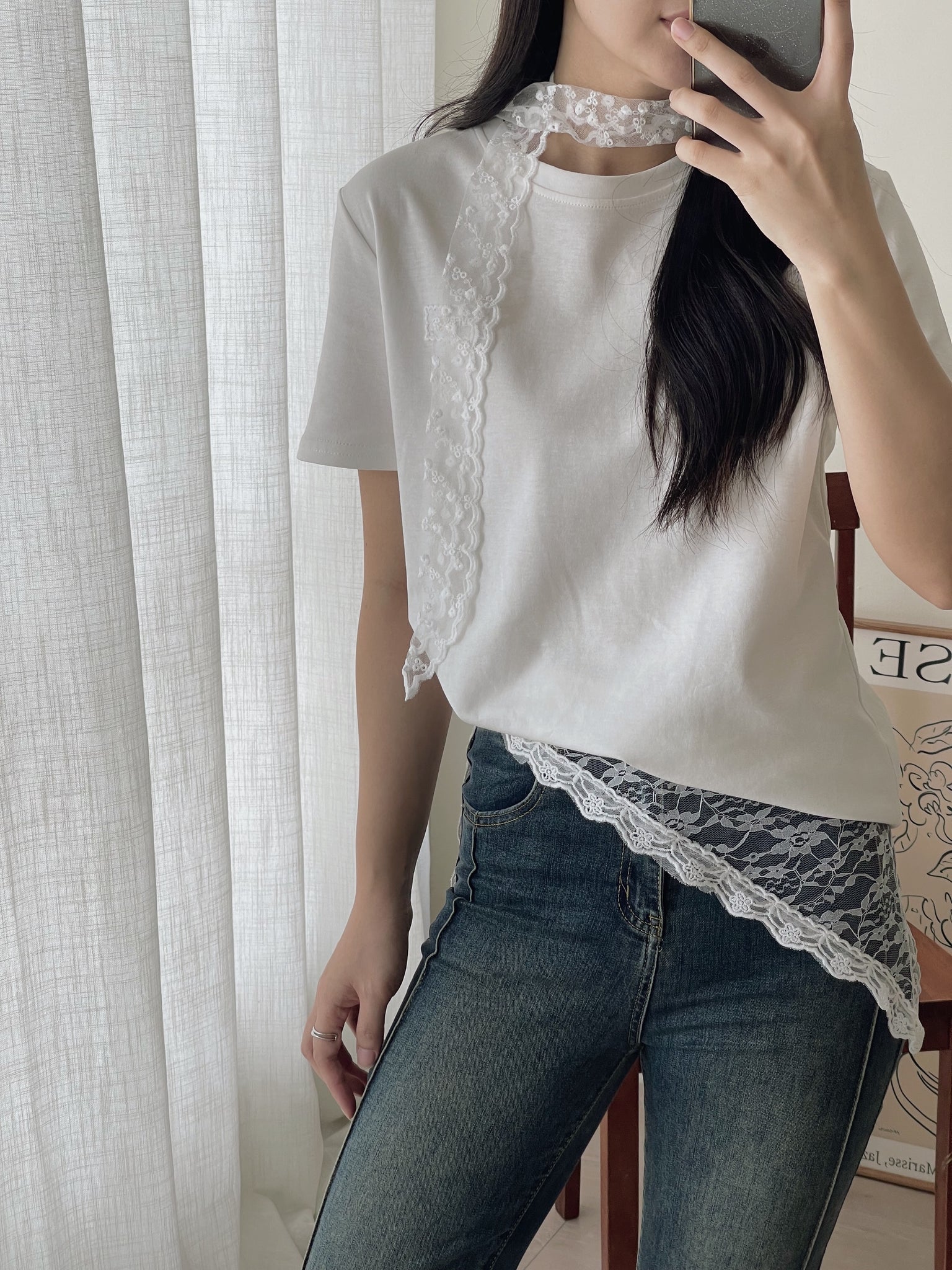 Lace Tie Plain Tee / 蕾丝带简约T恤