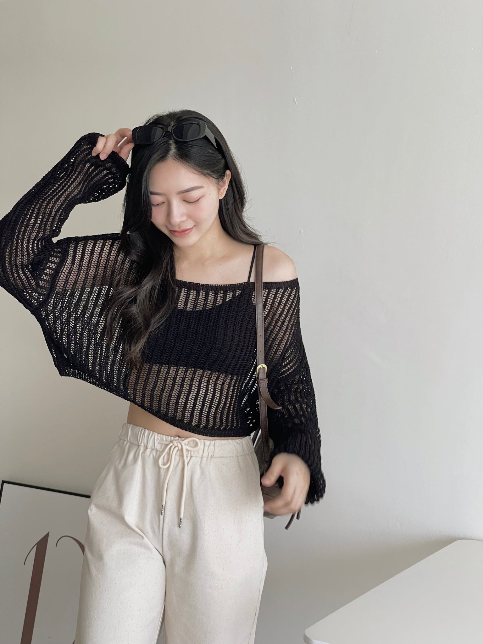 Hollow Wide Shoulder Top / 镂空落肩长袖衫