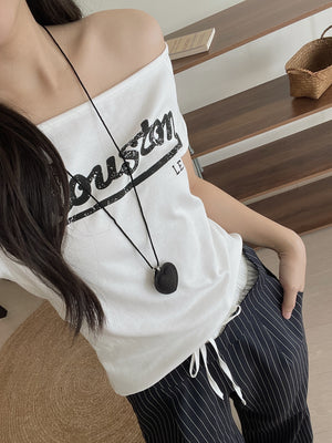Letter Print  Slanted Shoulder Tee / 美式字母宽肩斜肩T恤