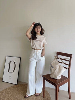 Ribbon Embroidered White Denim / 刺绣白色牛仔阔腿裤