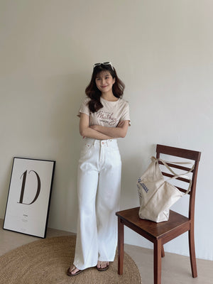 Ribbon Embroidered White Denim / 刺绣白色牛仔阔腿裤